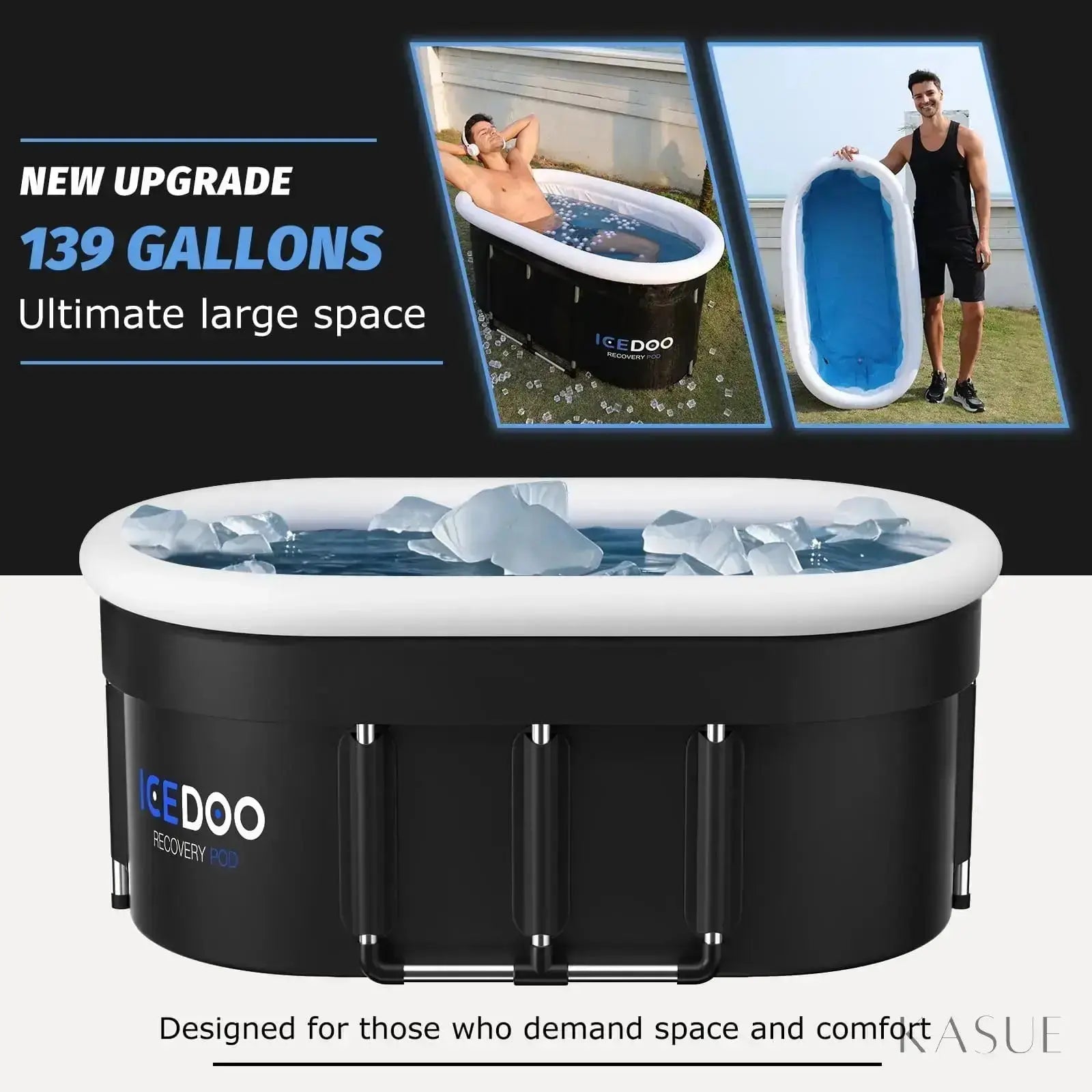 ICEDOO Recovery Pod displayed outdoors with a person, showcasing large space, front view