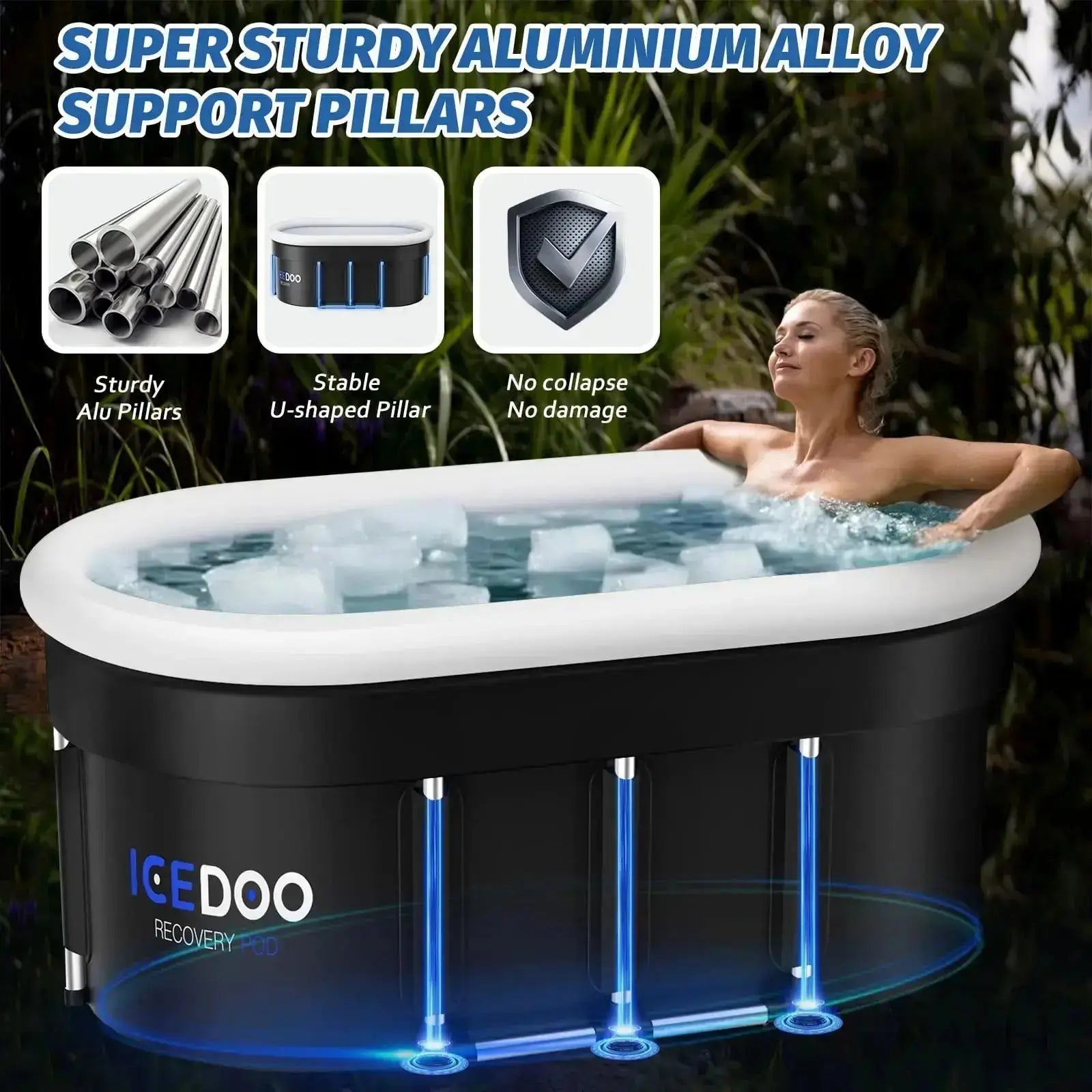 ICEDOO Recovery Pod with aluminum alloy support pillars, filled with ice, side view