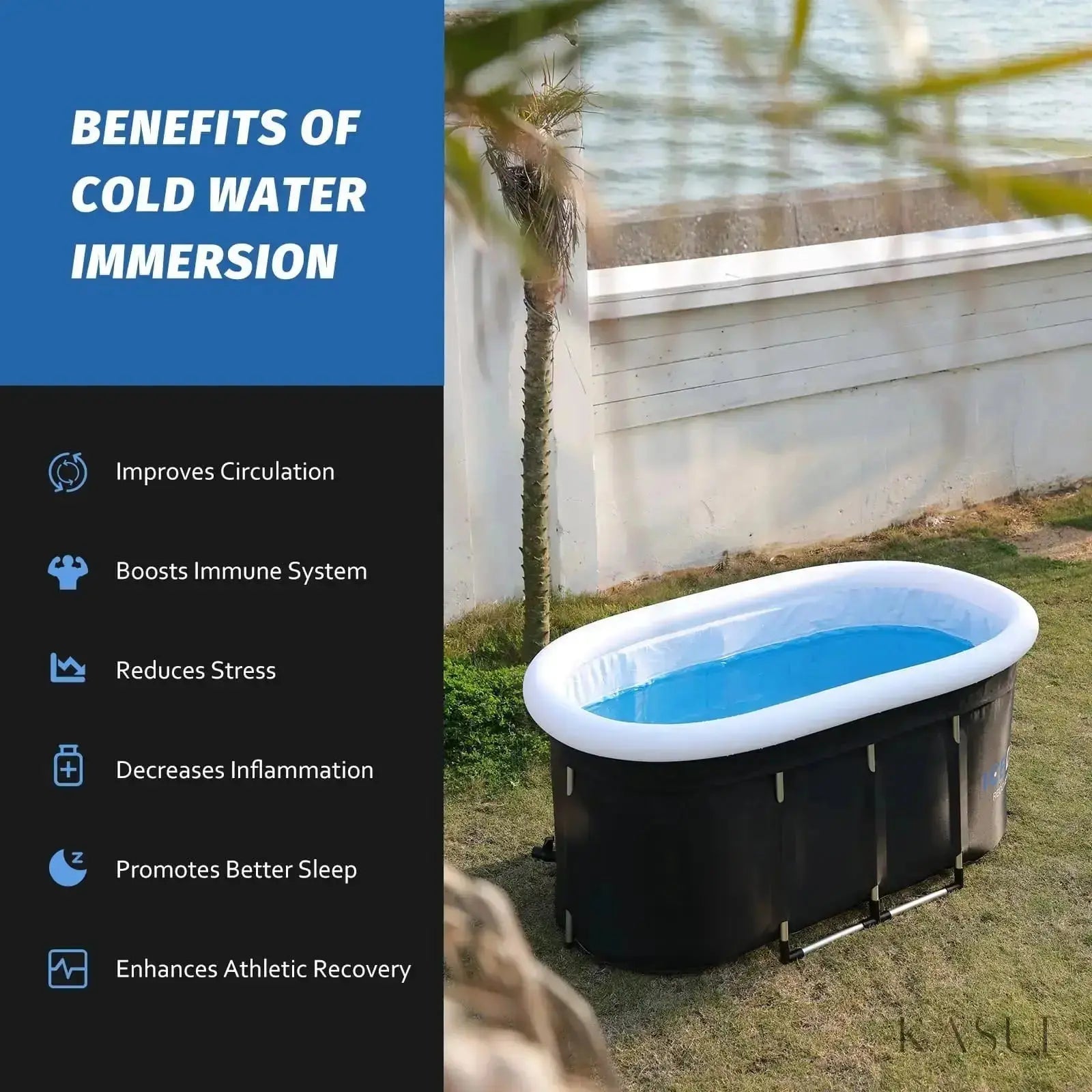 ICEDOO Recovery Pod outdoors with benefits of cold water immersion listed, front view