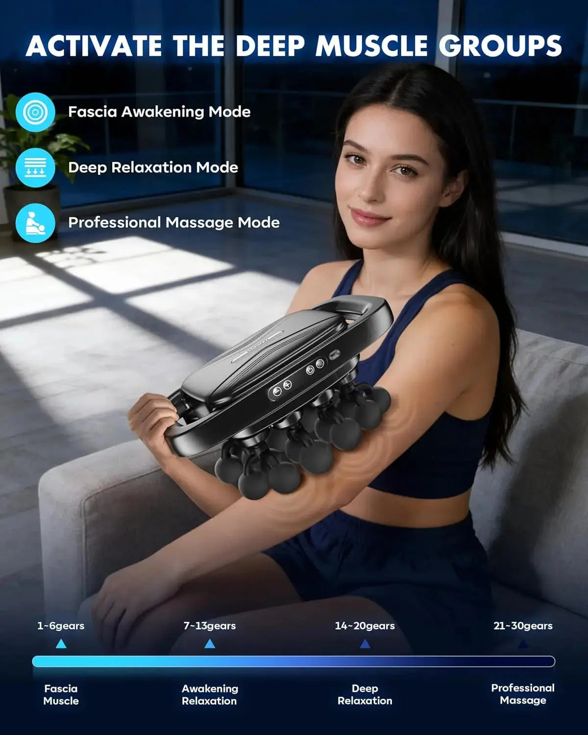 KASUE Massage Gun displaying modes for deep muscle activation, close-up view