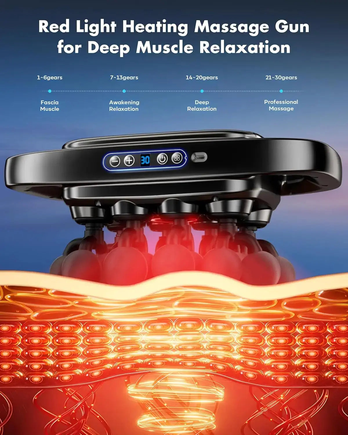 KASUE Massage Gun demonstrating red light heating feature, side view