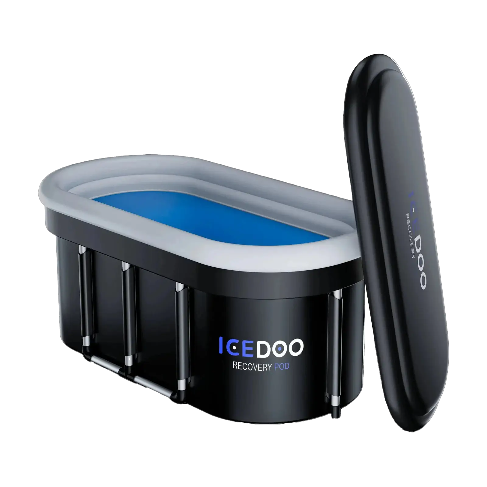 ICEDOO Recovery Pod with blue interior and black exterior, top view