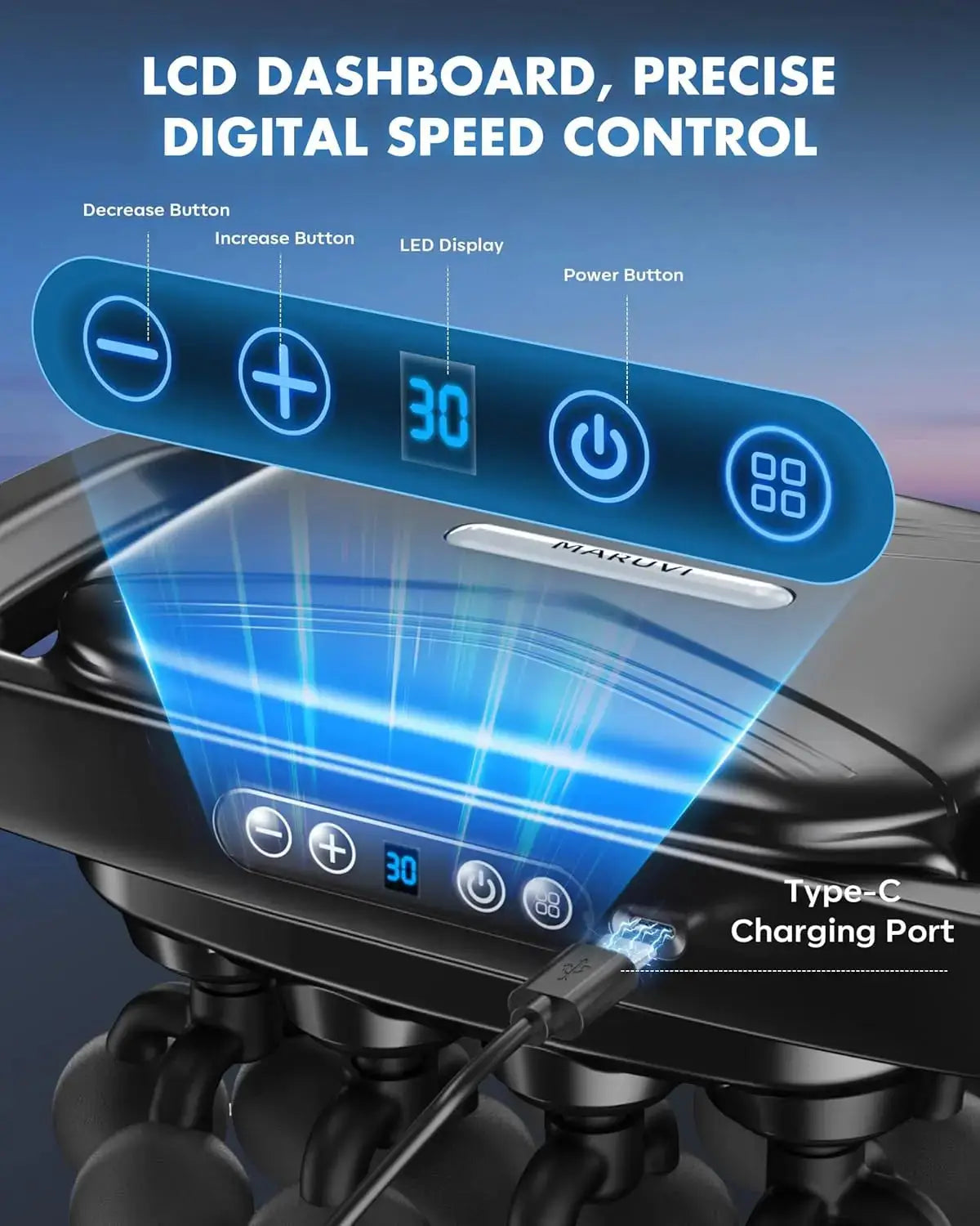 KASUE Massage Gun with LCD dashboard and speed control, close-up view